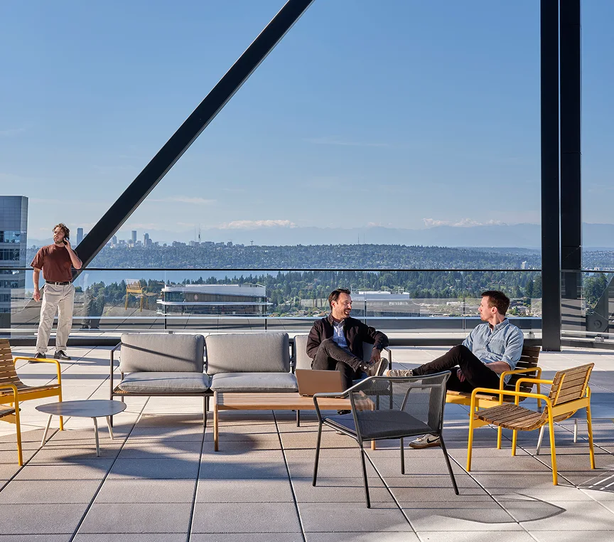 Seating area on a building roof, reflecting the dynamic and creative vibe.
